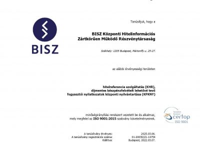 A BISZ Zrt. ISO/IEC 9001-es tanúsítványa